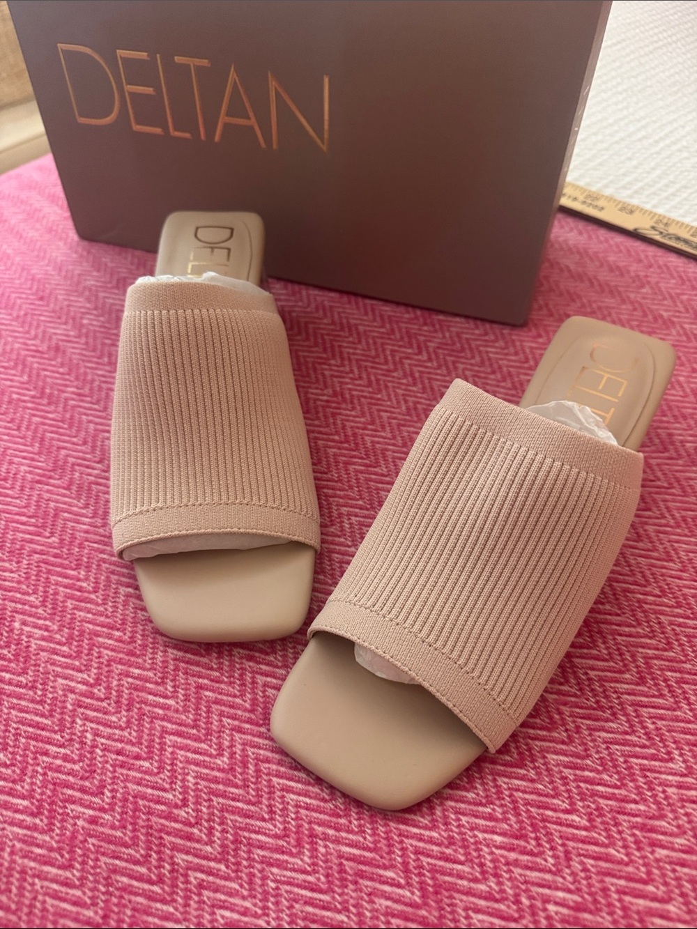 NWT stretch knit mules with acrylic heels
